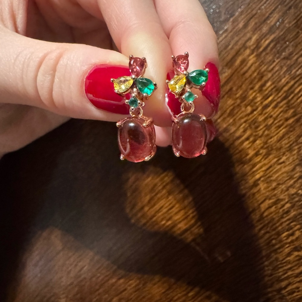 Gold plated sterling silver Crystal Drop Earrings - Pink, Green & Yellow